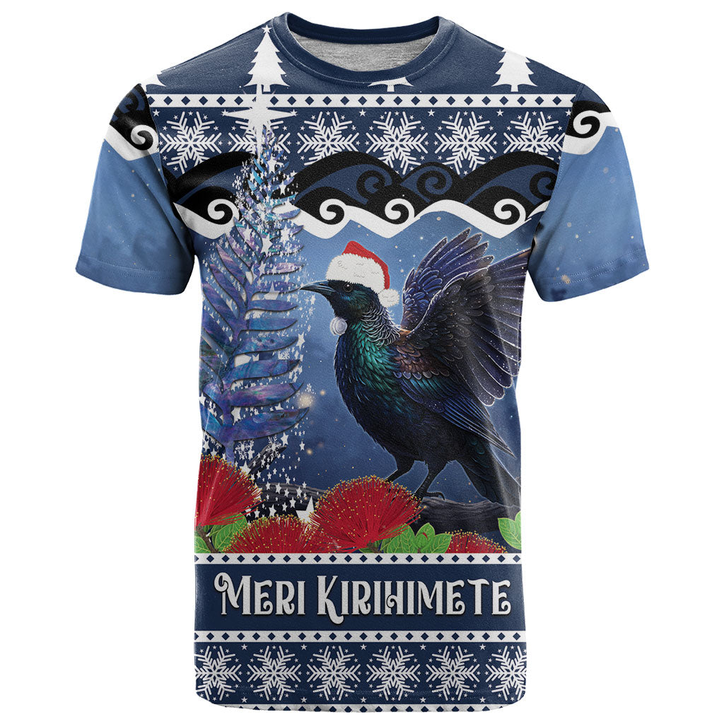 New Zealand Tui Bird Christmas T Shirt Pohutukawa Xmas Tree Meri Kirihimete