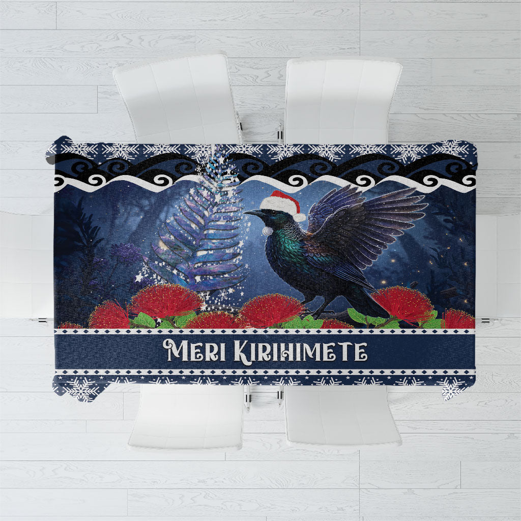 New Zealand Tui Bird Christmas Tablecloth Pohutukawa Xmas Tree Meri Kirihimete LT22 Blue - Polynesian Pride