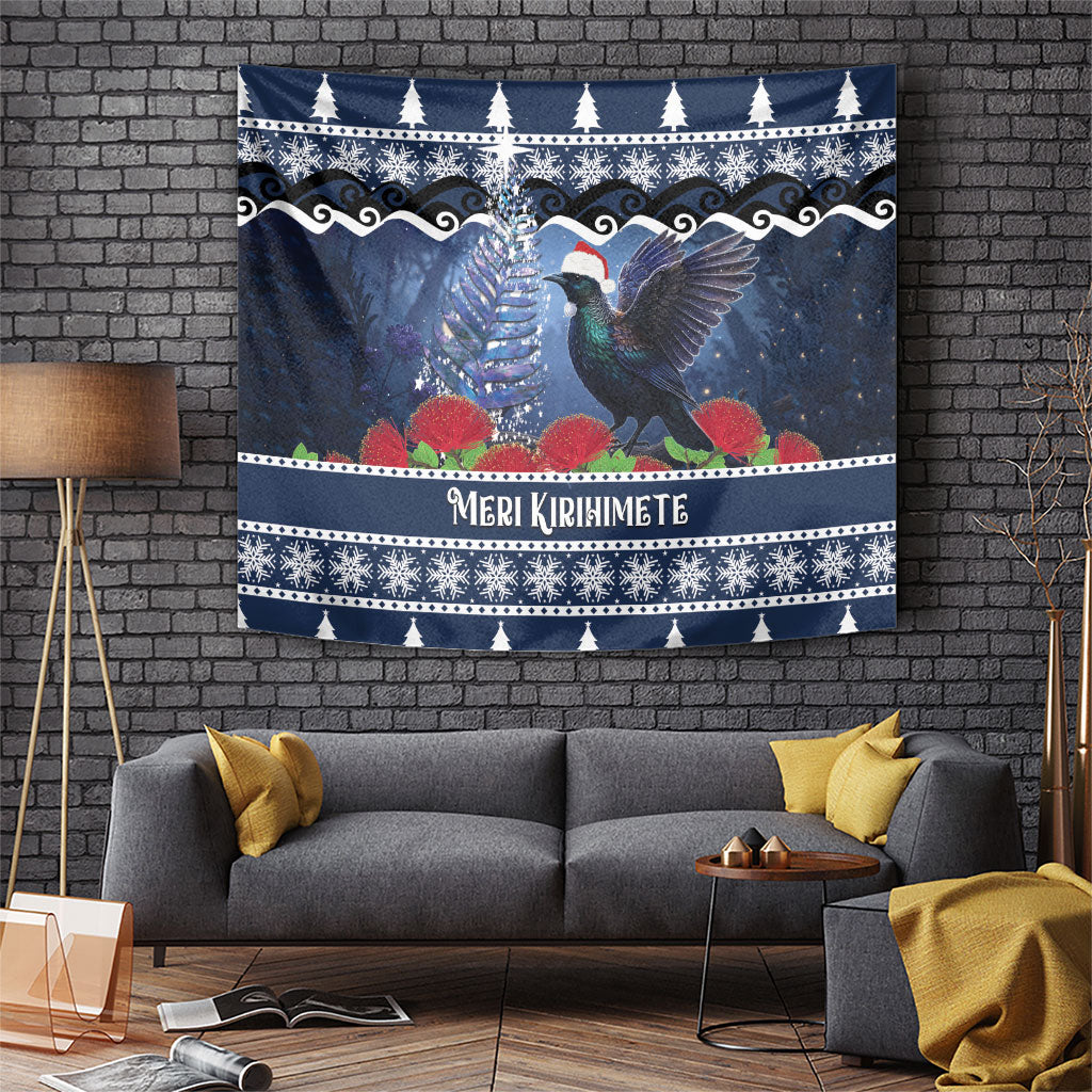 New Zealand Tui Bird Christmas Tapestry Pohutukawa Xmas Tree Meri Kirihimete LT22 Blue - Polynesian Pride