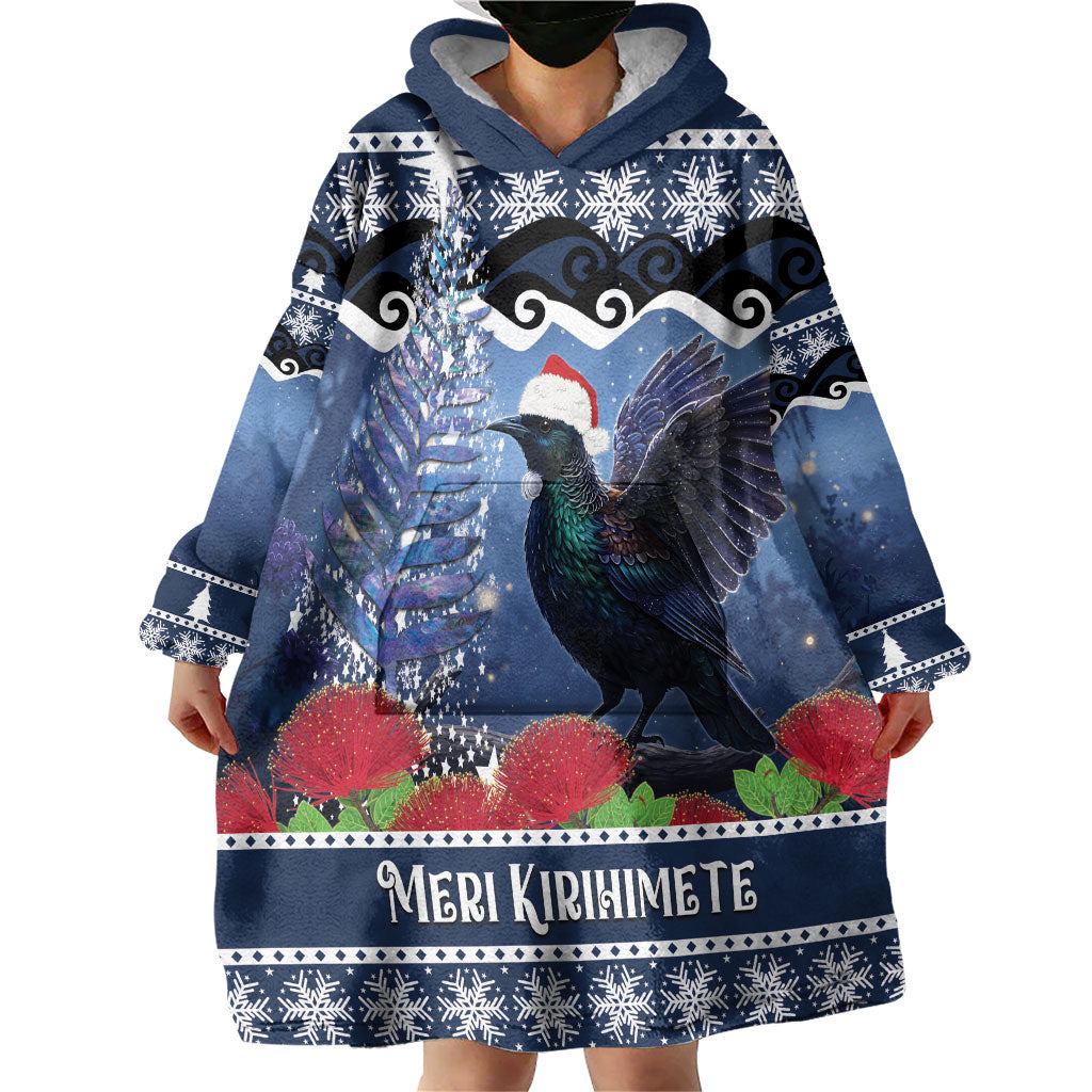 New Zealand Tui Bird Christmas Wearable Blanket Hoodie Pohutukawa Xmas Tree Meri Kirihimete