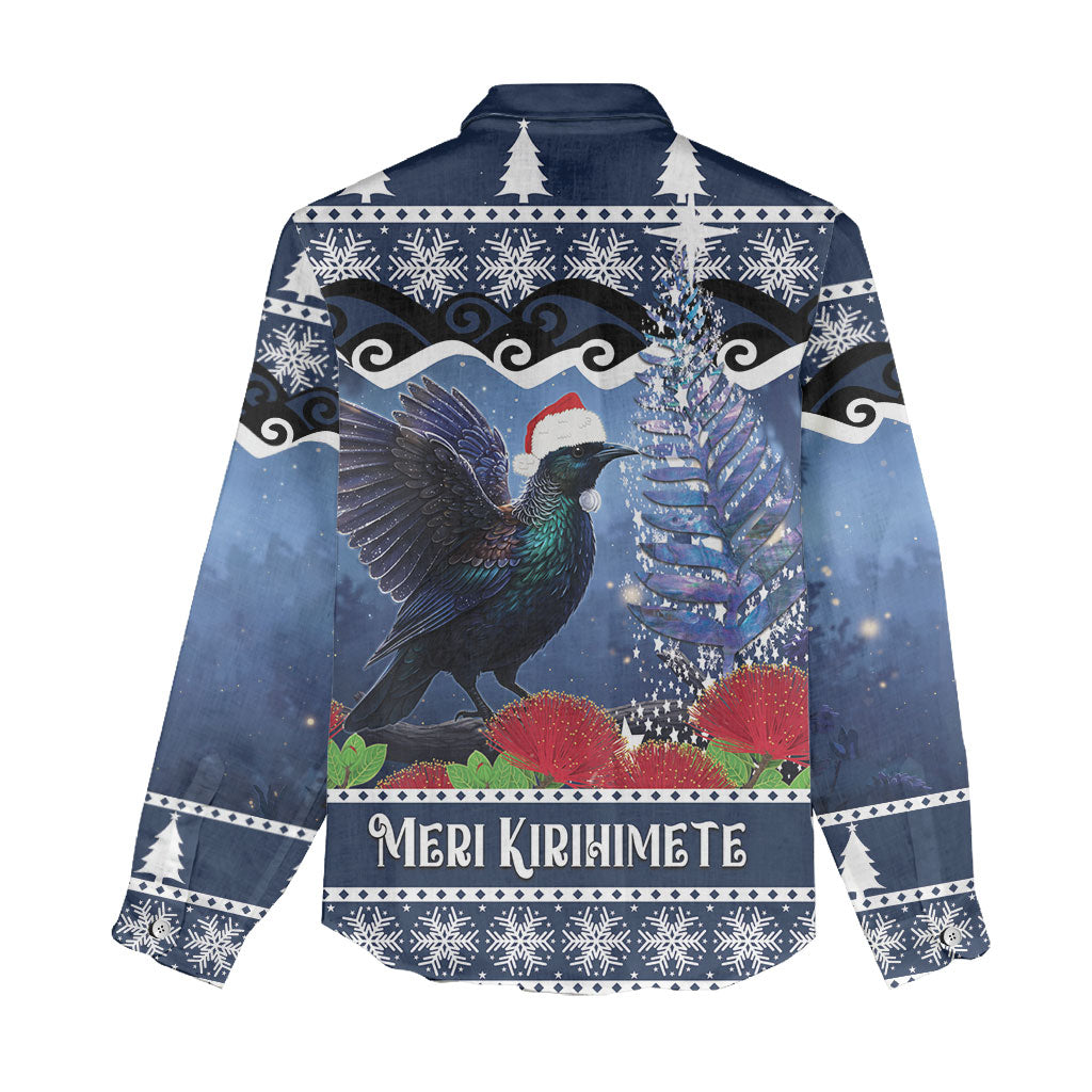 New Zealand Tui Bird Christmas Women Casual Shirt Pohutukawa Xmas Tree Meri Kirihimete