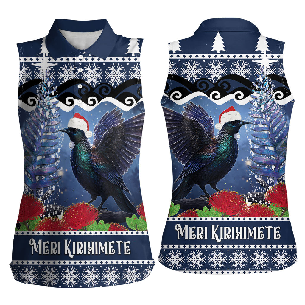 New Zealand Tui Bird Christmas Women Sleeveless Polo Shirt Pohutukawa Xmas Tree Meri Kirihimete