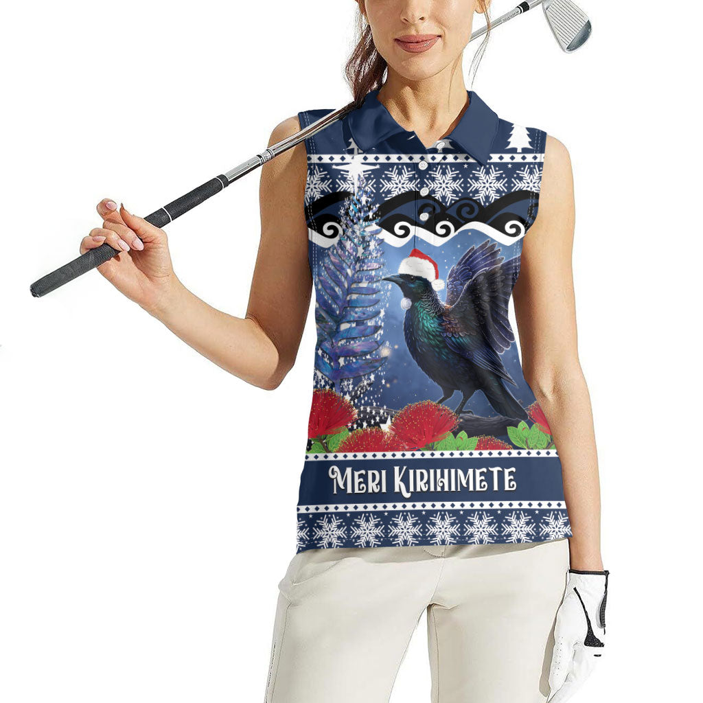 New Zealand Tui Bird Christmas Women Sleeveless Polo Shirt Pohutukawa Xmas Tree Meri Kirihimete