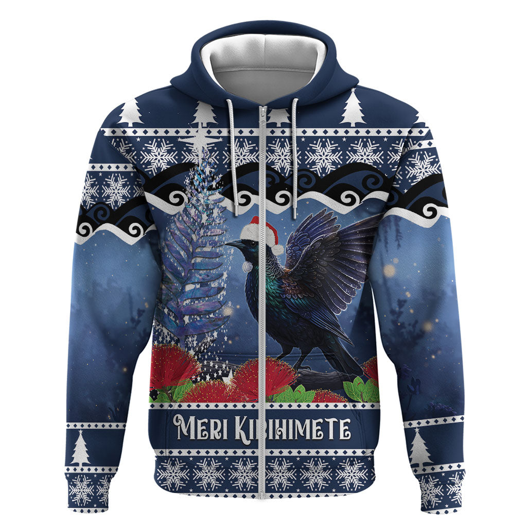 New Zealand Tui Bird Christmas Zip Hoodie Pohutukawa Xmas Tree Meri Kirihimete