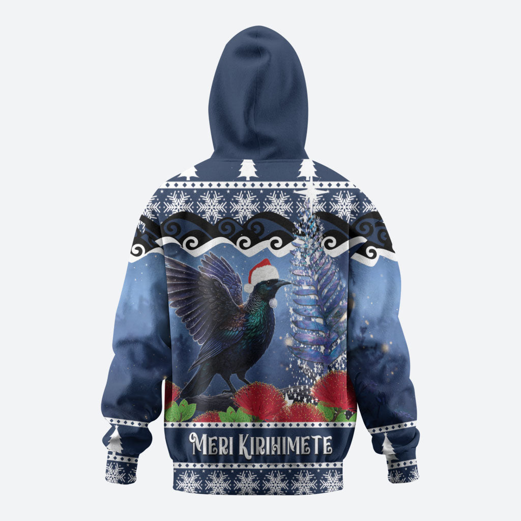 New Zealand Tui Bird Christmas Zip Hoodie Pohutukawa Xmas Tree Meri Kirihimete