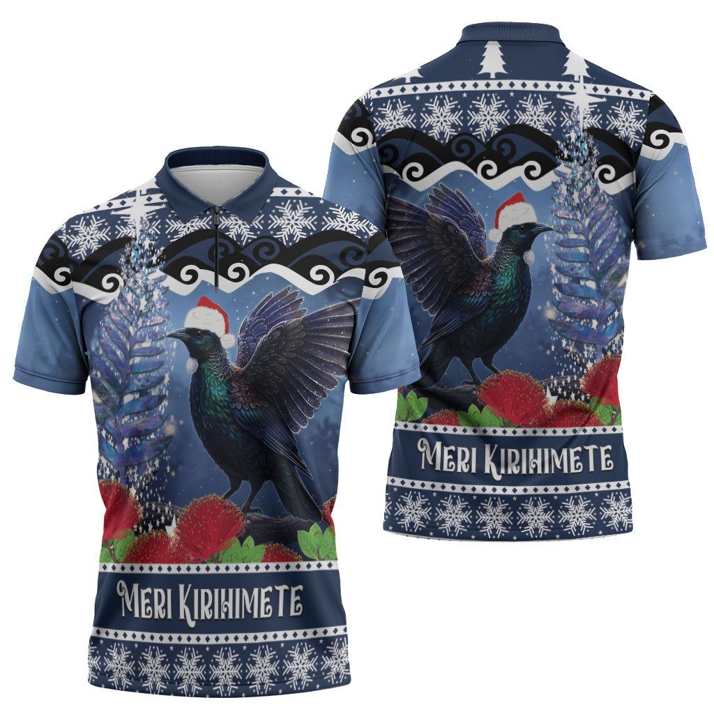 New Zealand Tui Bird Christmas Zipper Polo Shirt Pohutukawa Xmas Tree Meri Kirihimete
