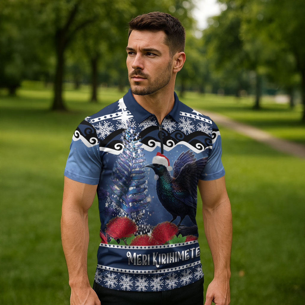 New Zealand Tui Bird Christmas Zipper Polo Shirt Pohutukawa Xmas Tree Meri Kirihimete