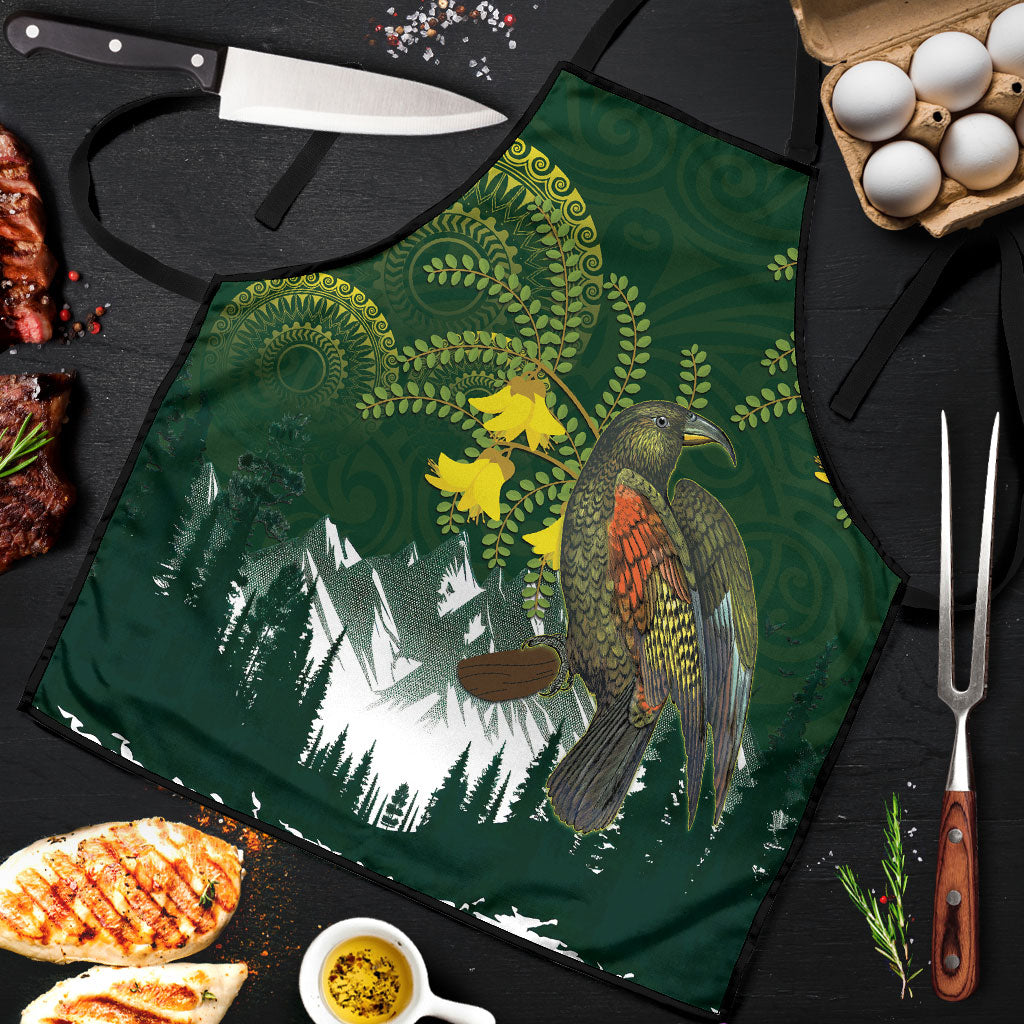 Kea Bird Kowhai New Zealand Apron Mountain Landscape Maori Art LT22 Green - Polynesian Pride