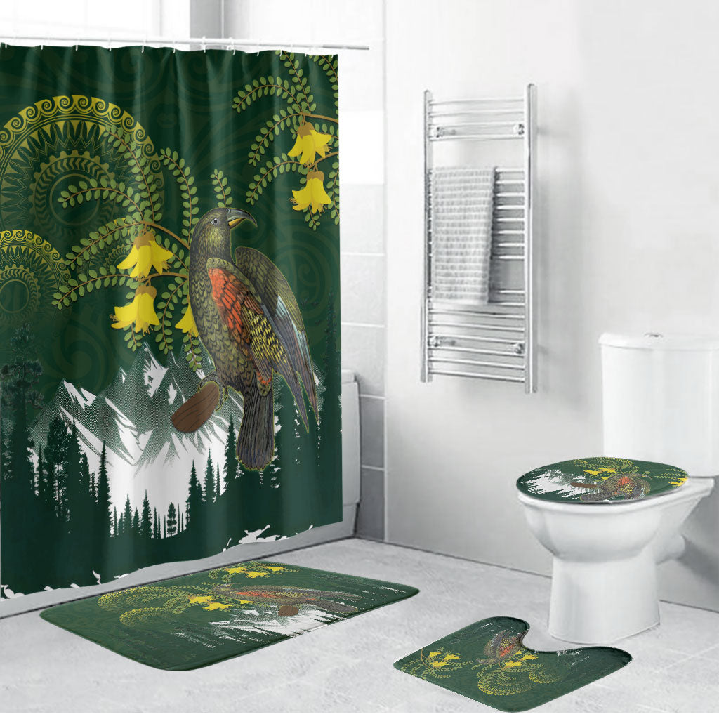 Kea Bird Kowhai New Zealand Bathroom Set Mountain Landscape Maori Art LT22 Bathroom Set (4 pcs) Green - Polynesian Pride