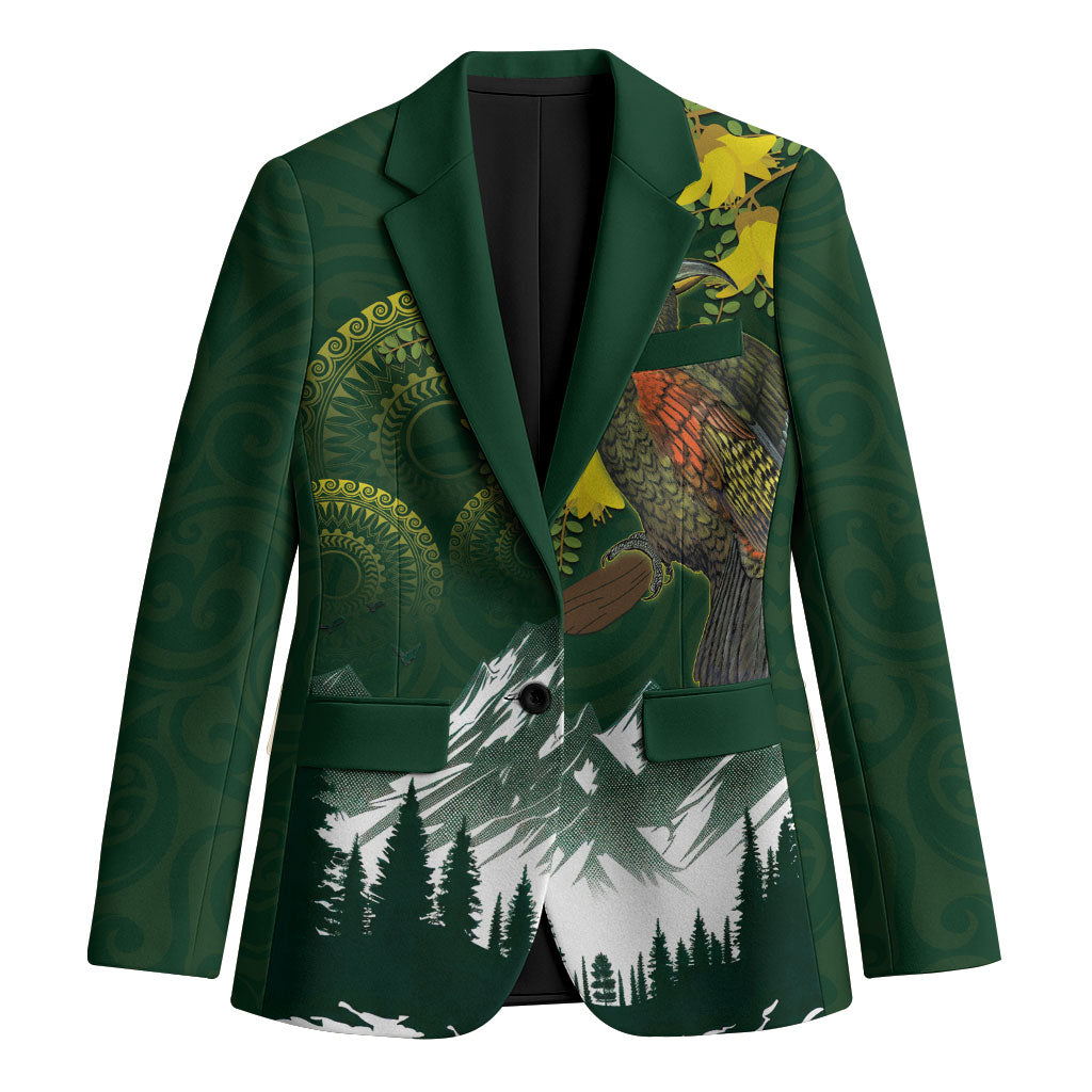 Kea Bird Kowhai New Zealand Blazer Mountain Landscape Maori Art LT22 Unisex Green - Polynesian Pride