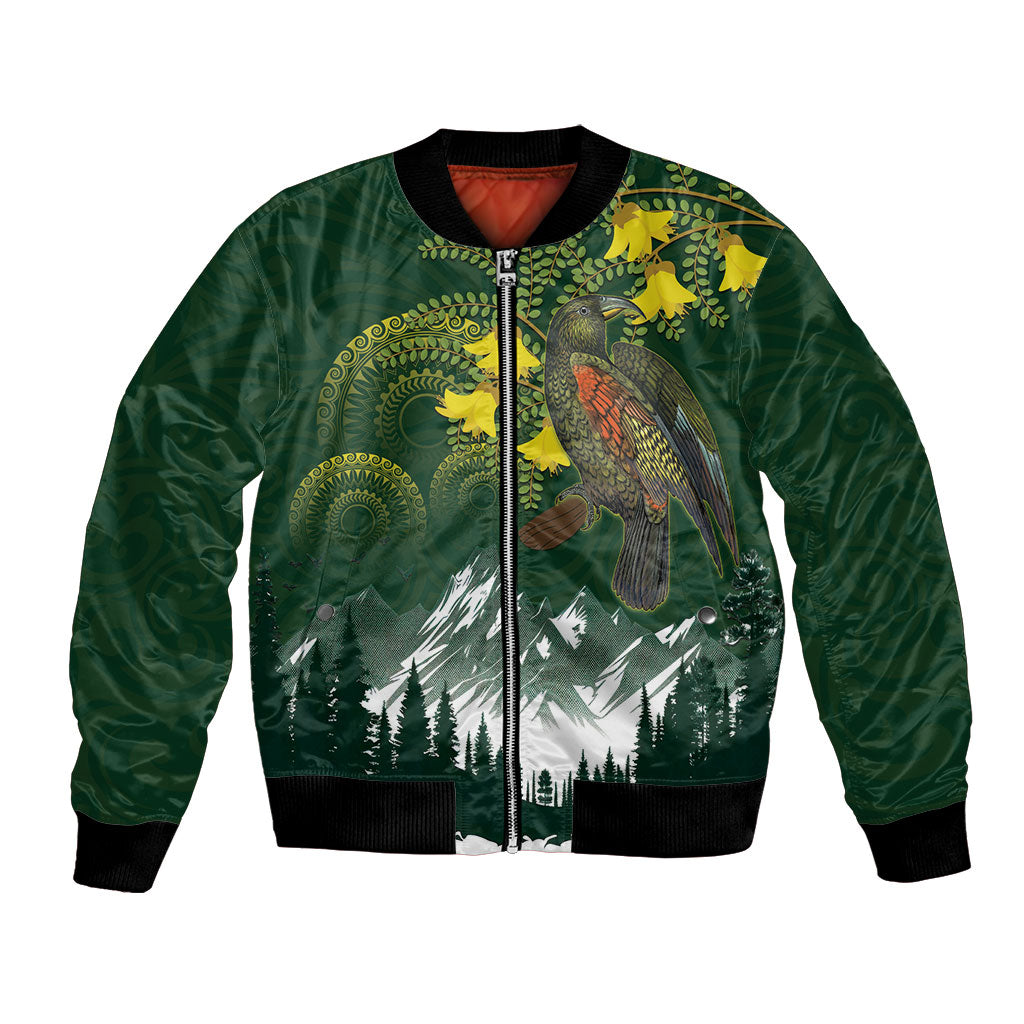 Kea Bird Kowhai New Zealand Bomber Jacket Mountain Landscape Maori Art LT22 Unisex Green - Polynesian Pride