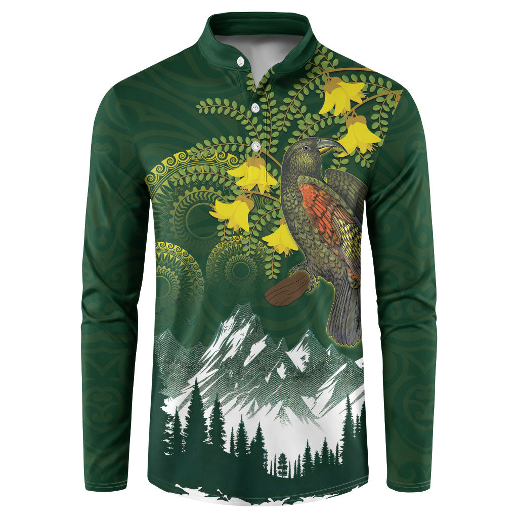Kea Bird Kowhai New Zealand Button Sweatshirt Mountain Landscape Maori Art LT22 Green - Polynesian Pride