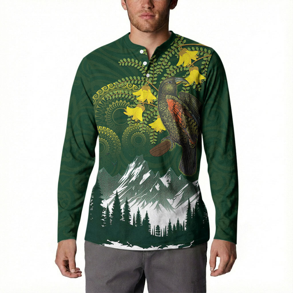 Kea Bird Kowhai New Zealand Button Sweatshirt Mountain Landscape Maori Art LT22 - Polynesian Pride