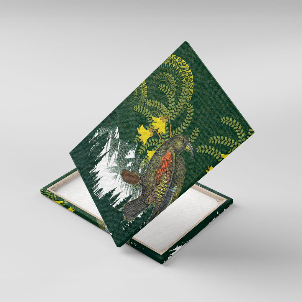 Kea Bird Kowhai New Zealand Canvas Wall Art Mountain Landscape Maori Art LT22 With Frame Green - Polynesian Pride