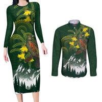 Kea Bird Kowhai New Zealand Couples Matching Long Sleeve Bodycon Dress and Long Sleeve Button Shirt Mountain Landscape Maori Art