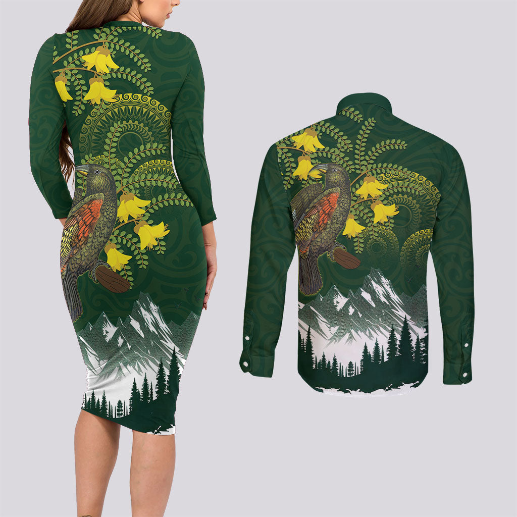 Kea Bird Kowhai New Zealand Couples Matching Long Sleeve Bodycon Dress and Long Sleeve Button Shirt Mountain Landscape Maori Art