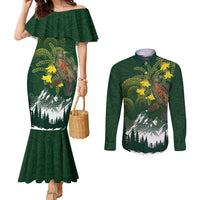Kea Bird Kowhai New Zealand Couples Matching Mermaid Dress and Long Sleeve Button Shirt Mountain Landscape Maori Art