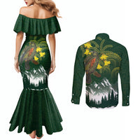 Kea Bird Kowhai New Zealand Couples Matching Mermaid Dress and Long Sleeve Button Shirt Mountain Landscape Maori Art