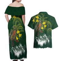 Kea Bird Kowhai New Zealand Couples Matching Off Shoulder Maxi Dress and Hawaiian Shirt Mountain Landscape Maori Art