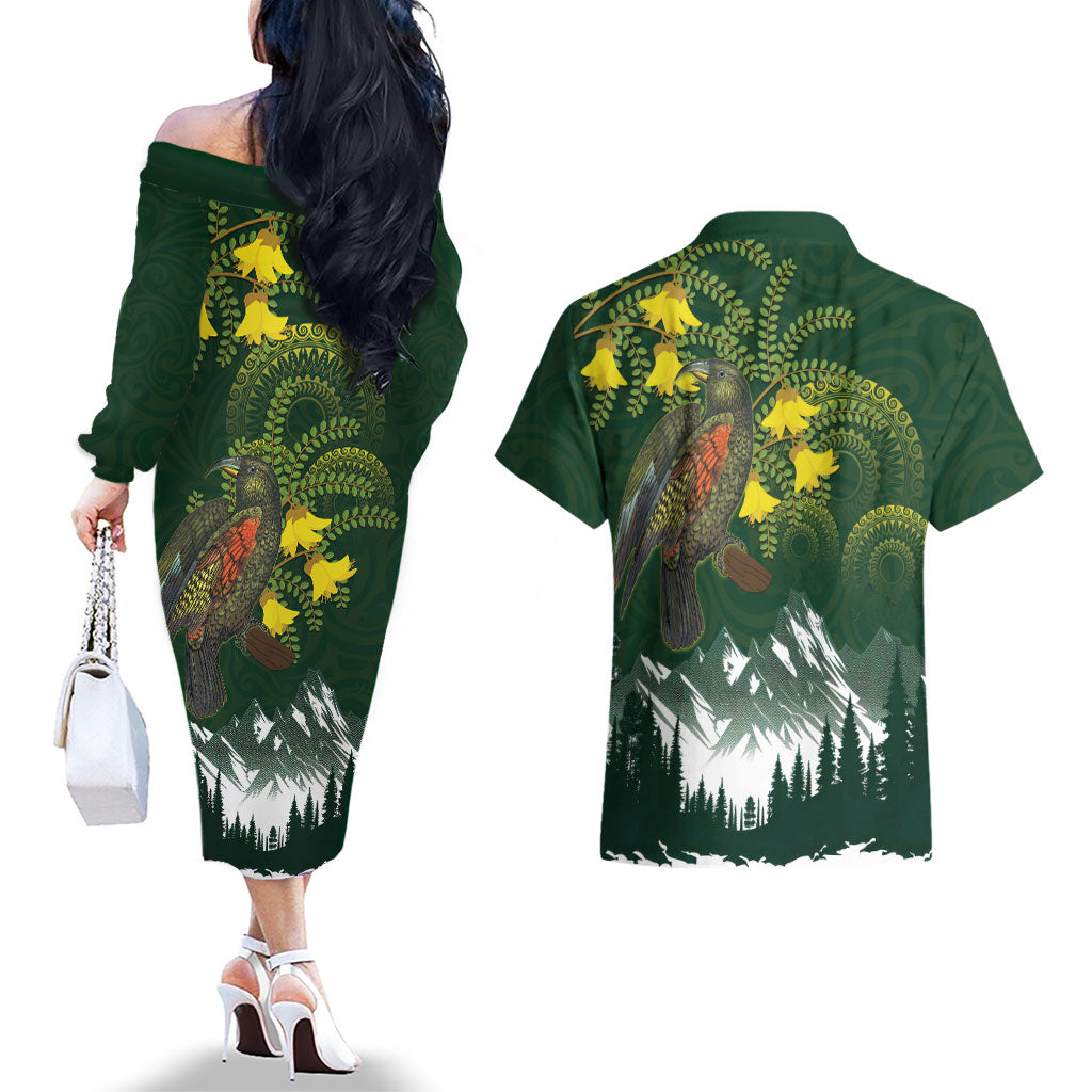 Kea Bird Kowhai New Zealand Couples Matching Off The Shoulder Long Sleeve Dress and Hawaiian Shirt Mountain Landscape Maori Art