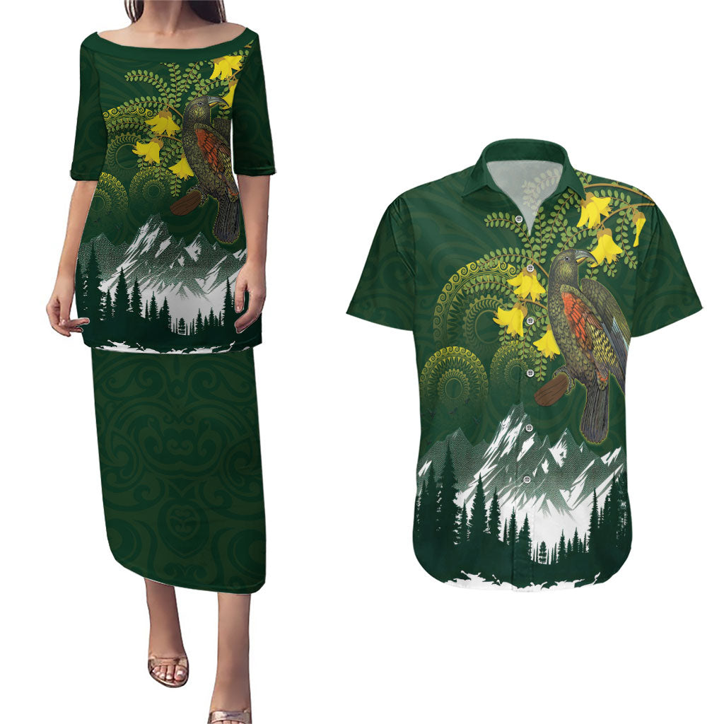 Kea Bird Kowhai New Zealand Couples Matching Puletasi and Hawaiian Shirt Mountain Landscape Maori Art