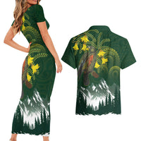 Kea Bird Kowhai New Zealand Couples Matching Short Sleeve Bodycon Dress and Hawaiian Shirt Mountain Landscape Maori Art