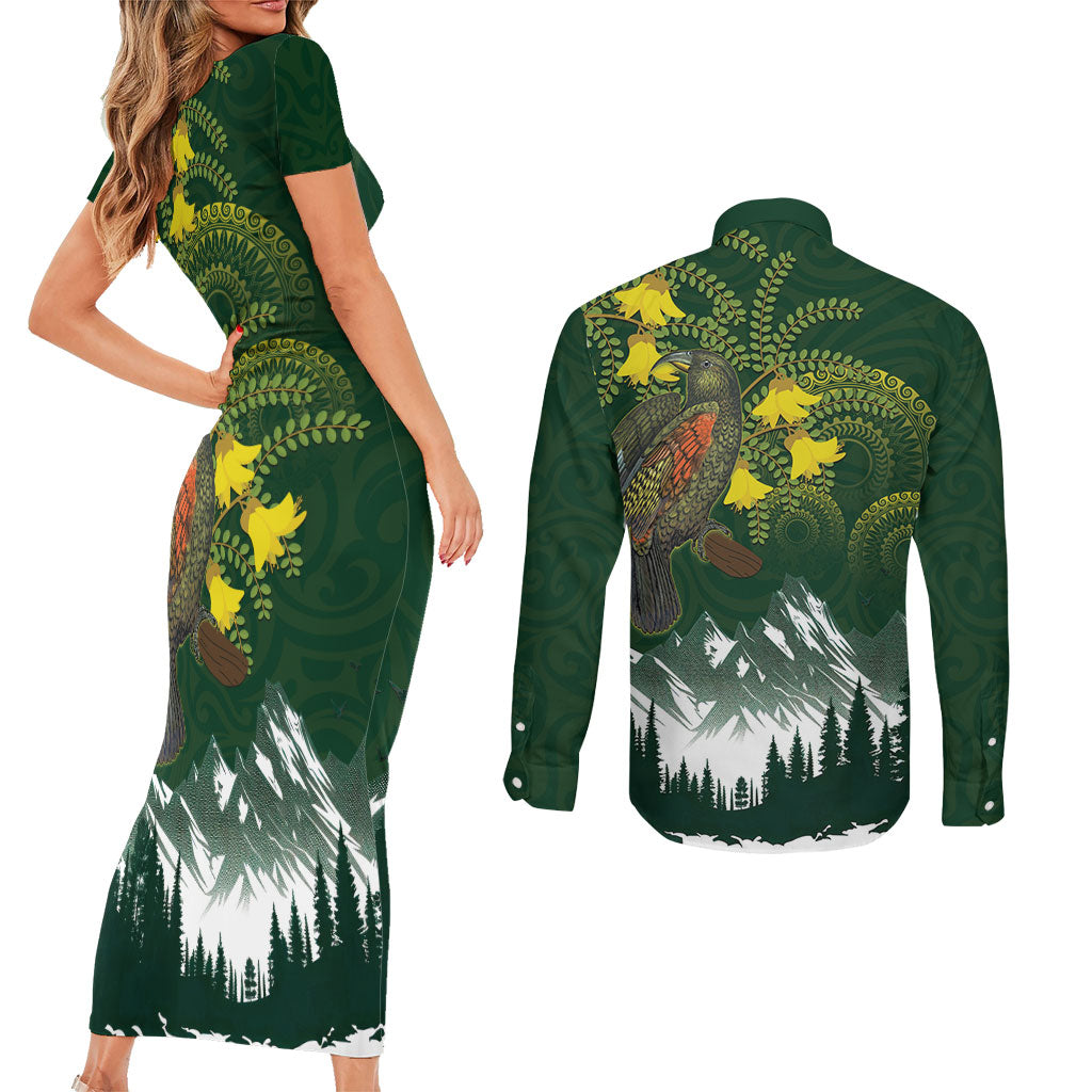 Kea Bird Kowhai New Zealand Couples Matching Short Sleeve Bodycon Dress and Long Sleeve Button Shirt Mountain Landscape Maori Art