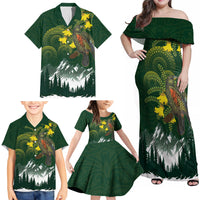 Kea Bird Kowhai New Zealand Family Matching Off Shoulder Maxi Dress and Hawaiian Shirt Mountain Landscape Maori Art