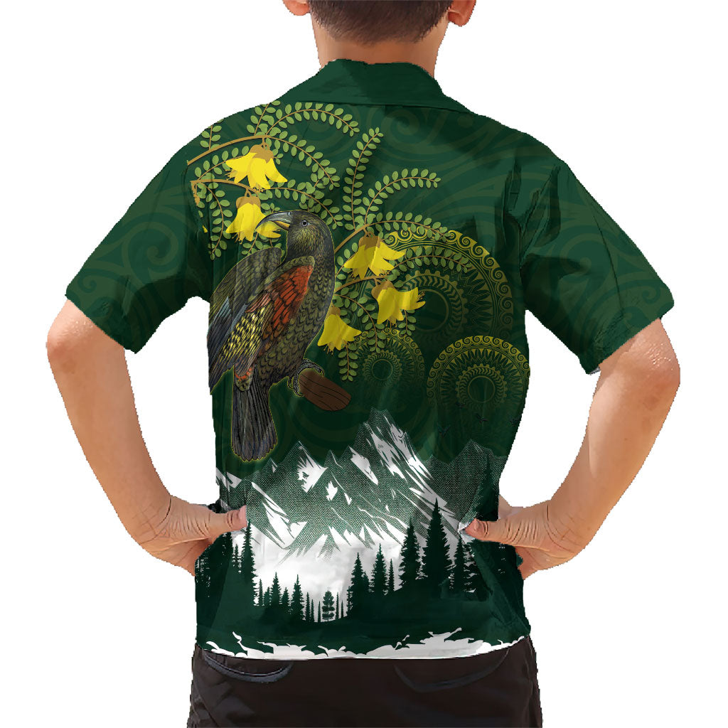 Kea Bird Kowhai New Zealand Family Matching Off Shoulder Short Dress and Hawaiian Shirt Mountain Landscape Maori Art