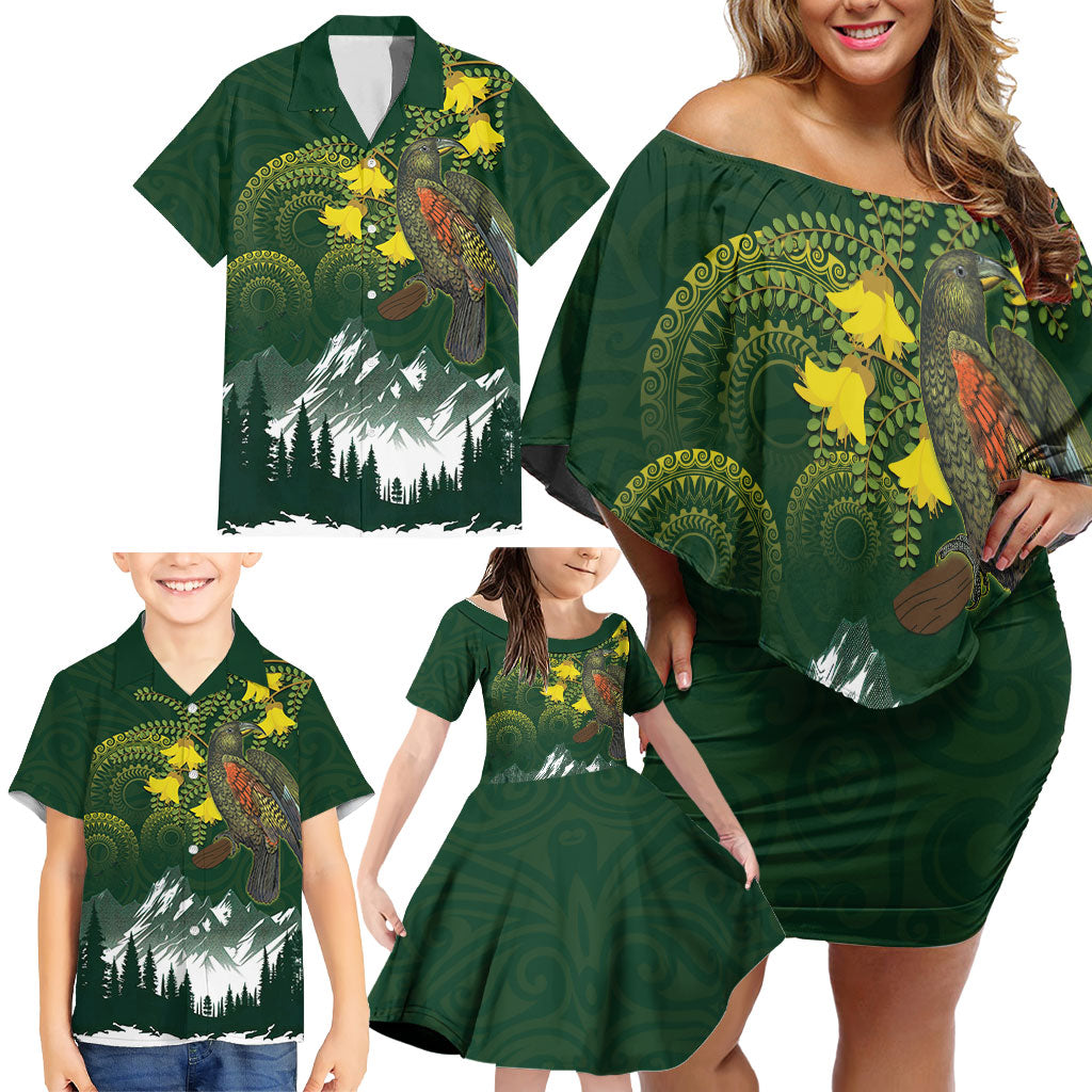 Kea Bird Kowhai New Zealand Family Matching Off Shoulder Short Dress and Hawaiian Shirt Mountain Landscape Maori Art