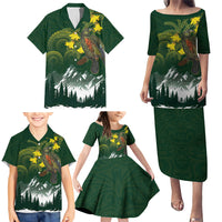 Kea Bird Kowhai New Zealand Family Matching Puletasi and Hawaiian Shirt Mountain Landscape Maori Art
