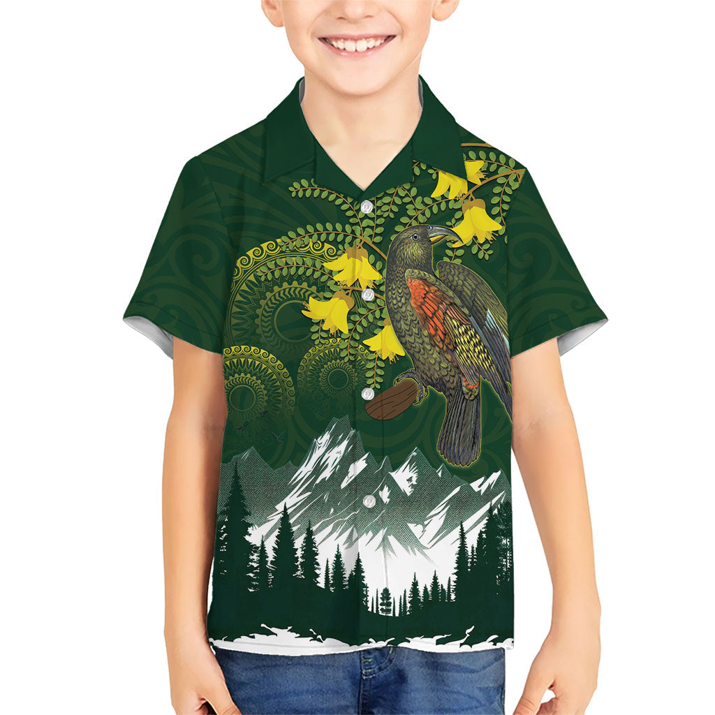 Kea Bird Kowhai New Zealand Family Matching Puletasi and Hawaiian Shirt Mountain Landscape Maori Art