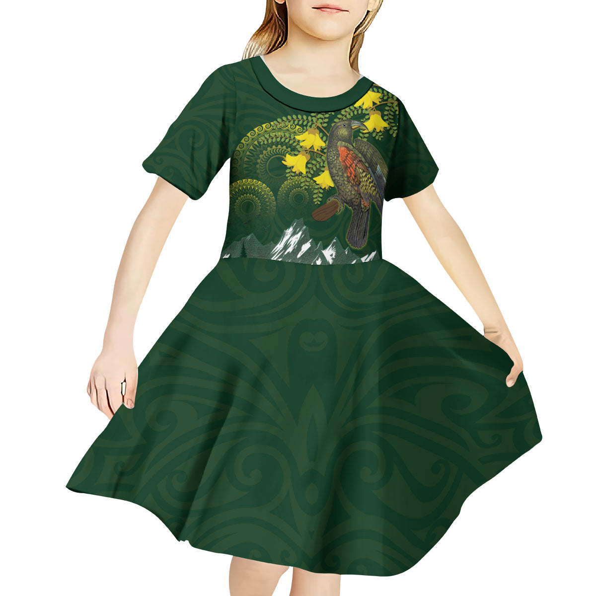 Kea Bird Kowhai New Zealand Kid Short Sleeve Dress Mountain Landscape Maori Art