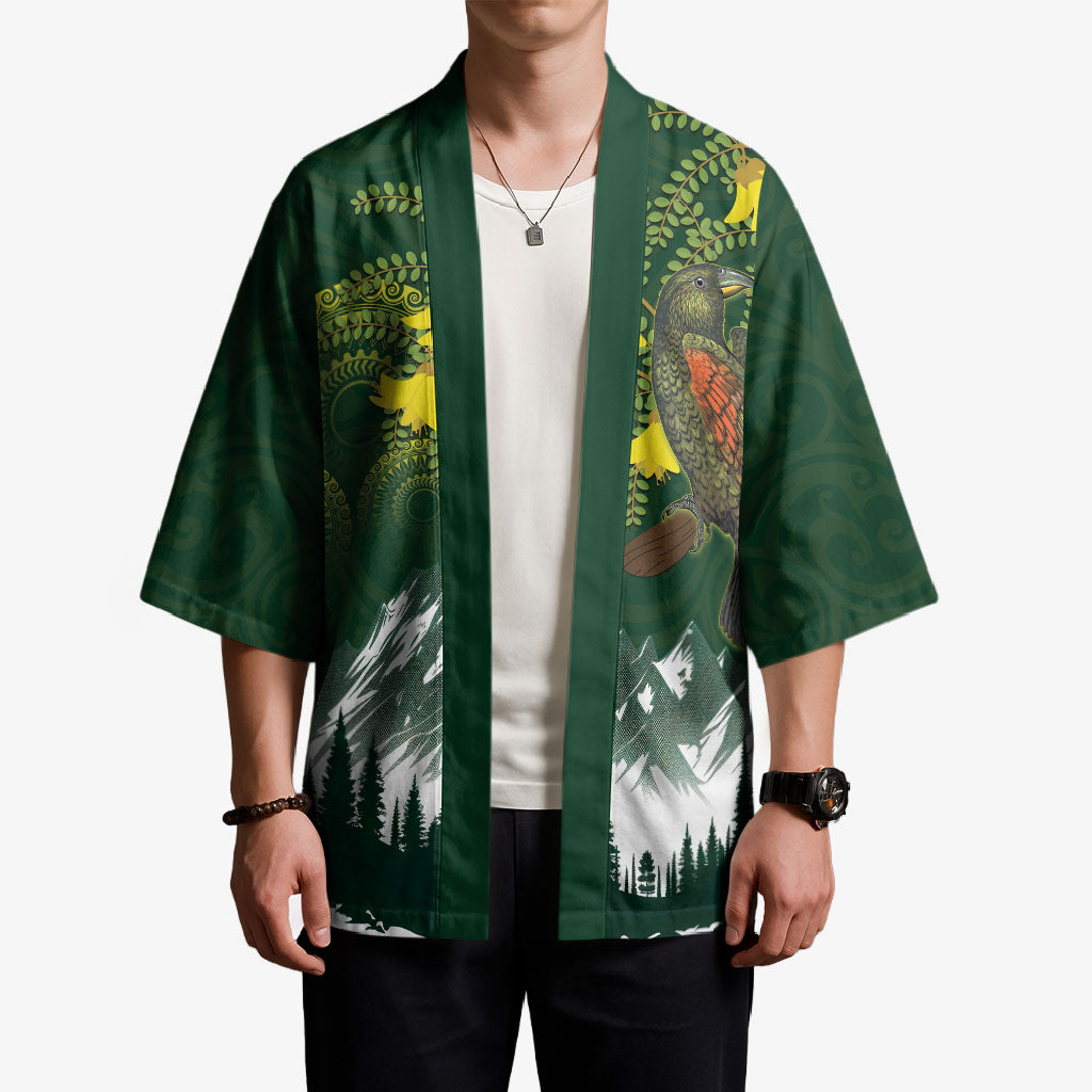 Kea Bird Kowhai New Zealand Kimono Mountain Landscape Maori Art LT22 - Polynesian Pride