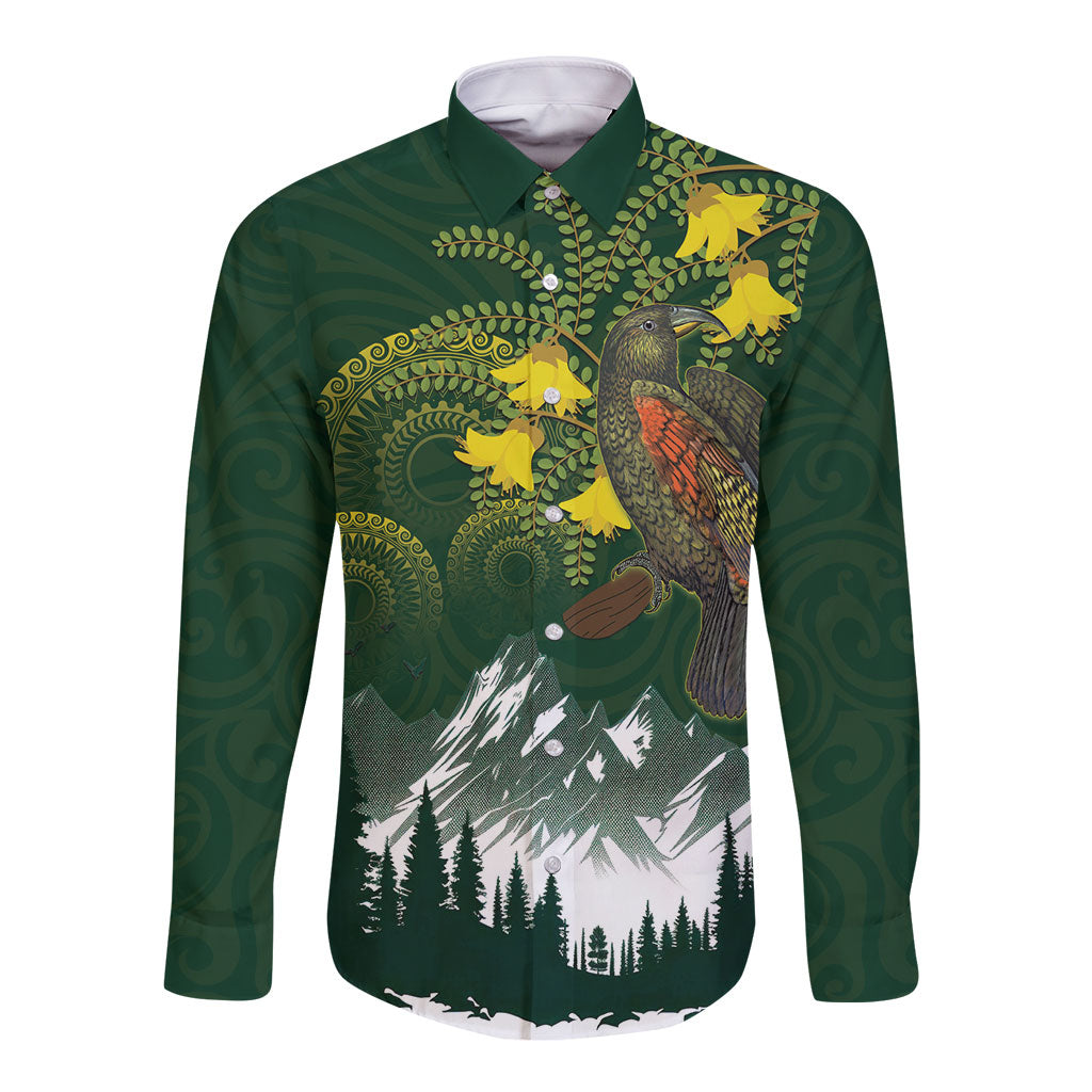 Kea Bird Kowhai New Zealand Long Sleeve Button Shirt Mountain Landscape Maori Art LT22 Unisex Green - Polynesian Pride