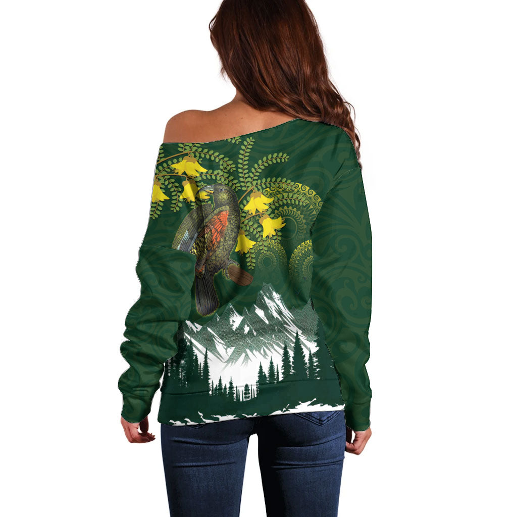 Kea Bird Kowhai New Zealand Off Shoulder Sweater Mountain Landscape Maori Art LT22 - Polynesian Pride