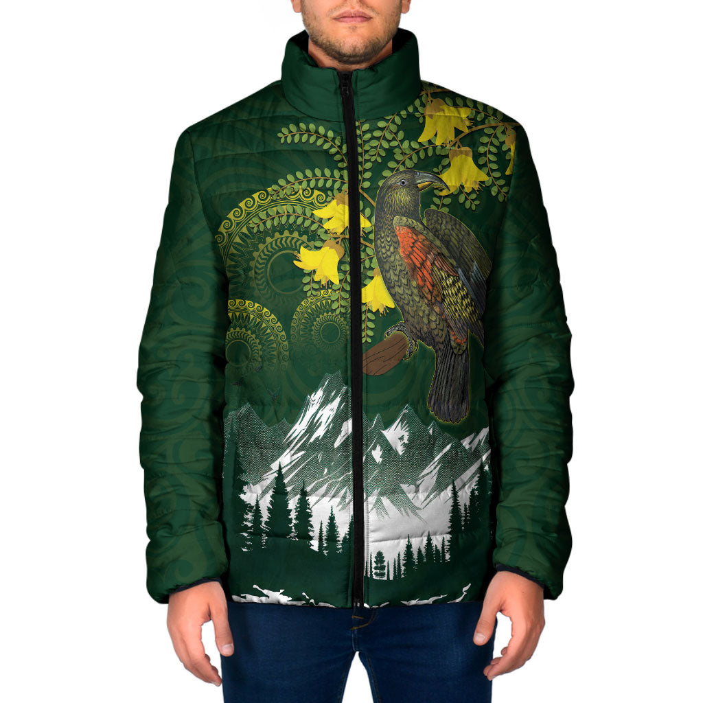 Kea Bird Kowhai New Zealand Padded Jacket Mountain Landscape Maori Art LT22 Men Green - Polynesian Pride