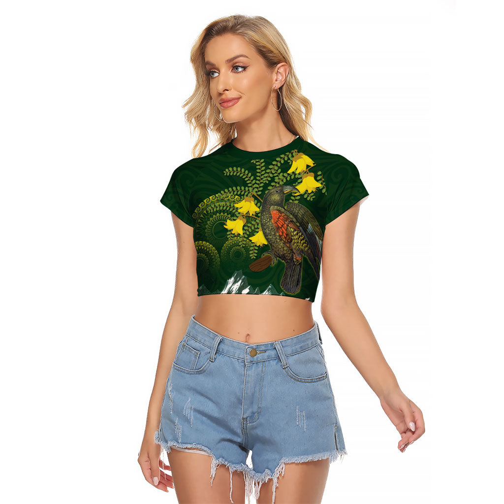 Kea Bird Kowhai New Zealand Raglan Cropped T Shirt Mountain Landscape Maori Art