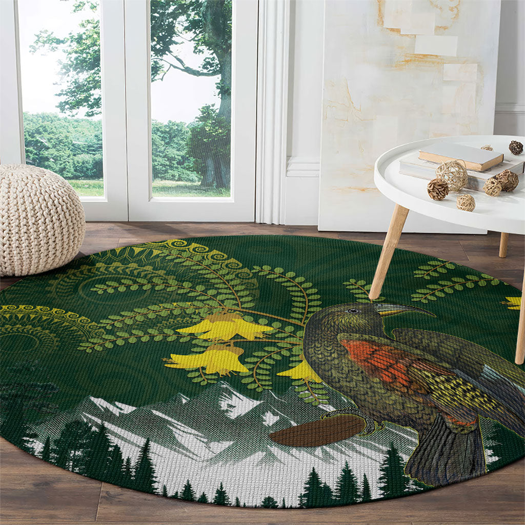 Kea Bird Kowhai New Zealand Round Carpet Mountain Landscape Maori Art LT22 - Polynesian Pride