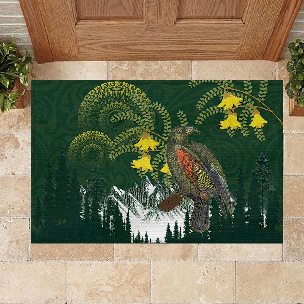 Kea Bird Kowhai New Zealand Rubber Doormat Mountain Landscape Maori Art