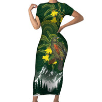 Kea Bird Kowhai New Zealand Short Sleeve Bodycon Dress Mountain Landscape Maori Art
