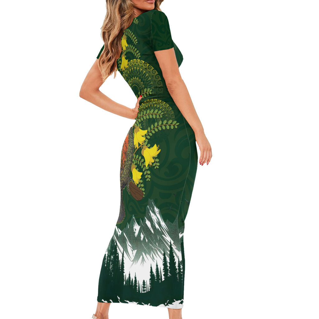 Kea Bird Kowhai New Zealand Short Sleeve Bodycon Dress Mountain Landscape Maori Art