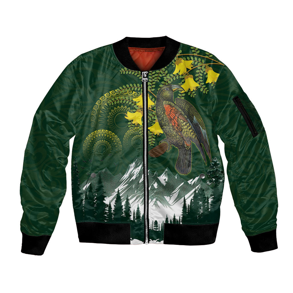 Kea Bird Kowhai New Zealand Sleeve Zip Bomber Jacket Mountain Landscape Maori Art