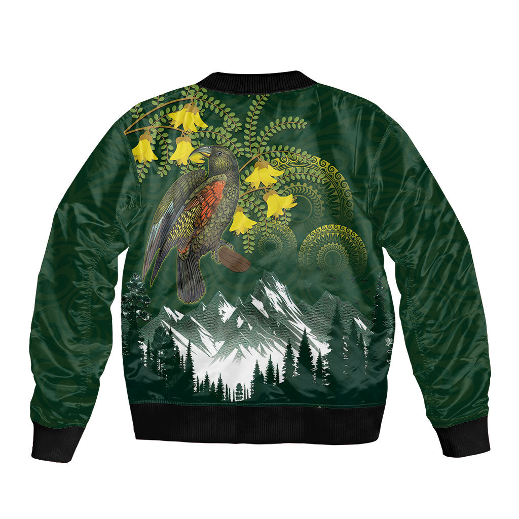 Kea Bird Kowhai New Zealand Sleeve Zip Bomber Jacket Mountain Landscape Maori Art