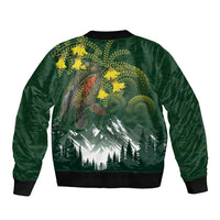 Kea Bird Kowhai New Zealand Sleeve Zip Bomber Jacket Mountain Landscape Maori Art