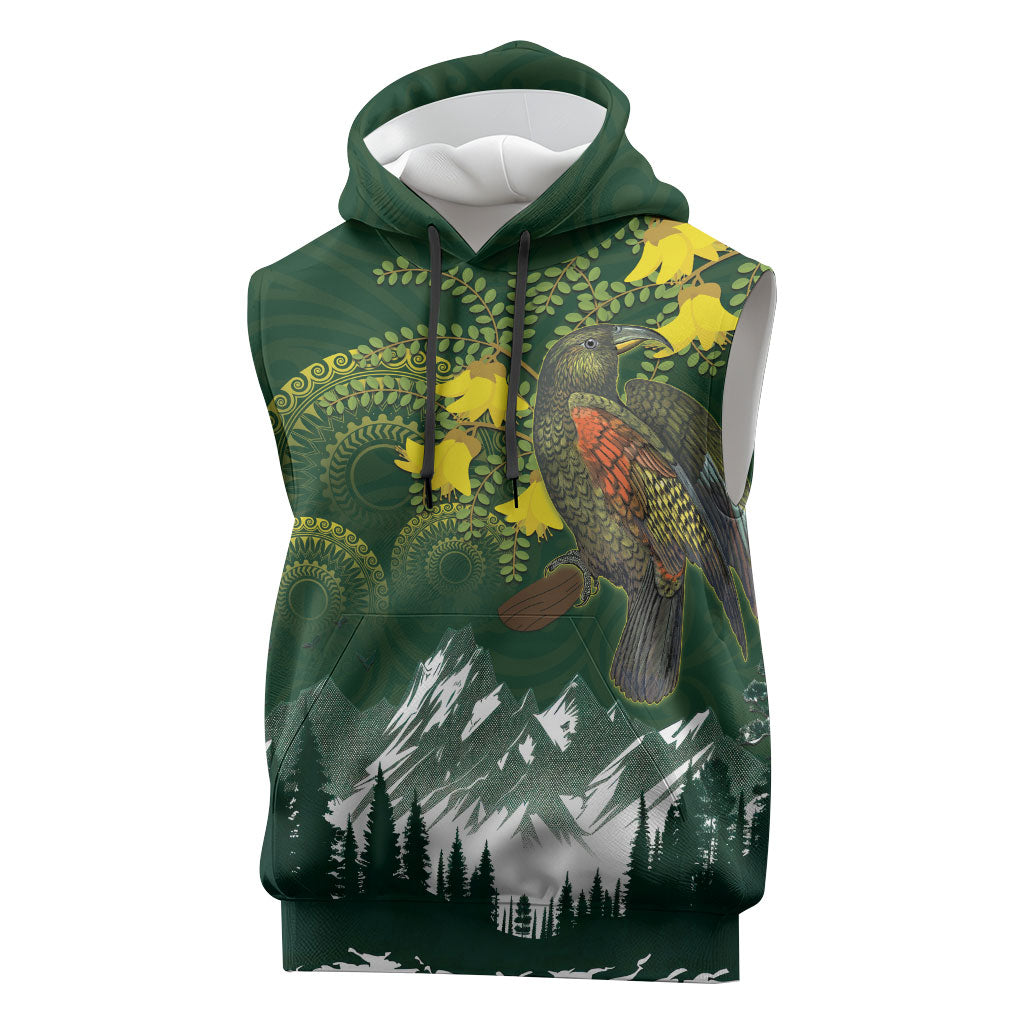 Kea Bird Kowhai New Zealand Sleeveless Hoodie Mountain Landscape Maori Art