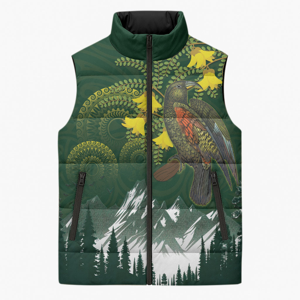 Kea Bird Kowhai New Zealand Sleeveless Puffer Jacket Mountain Landscape Maori Art