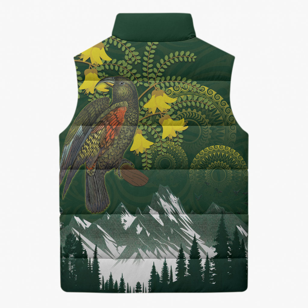 Kea Bird Kowhai New Zealand Sleeveless Puffer Jacket Mountain Landscape Maori Art