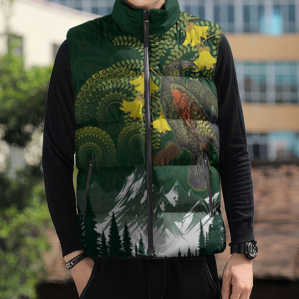 Kea Bird Kowhai New Zealand Sleeveless Puffer Jacket Mountain Landscape Maori Art