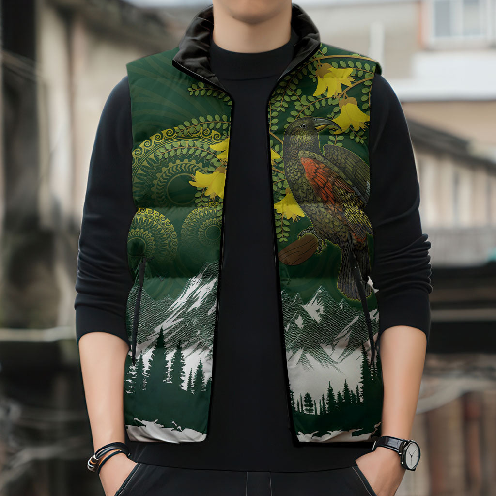 Kea Bird Kowhai New Zealand Sleeveless Puffer Jacket Mountain Landscape Maori Art
